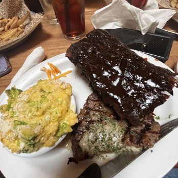 Cheddar's Scratch Kitchen - Steak and ribs combo with broccoli and cheddar casserole.   Def not a fan of the broccoli it was not good. - American Near Me - Cookeville, Tennessee
