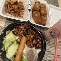 Chicken Teriyaki Rice Bowl, Crispy Tofu, Corn, & Strawberry Shake w/Boba