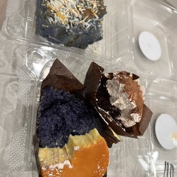 Cafe 86 - Ube bread pudding, Ube flan and Milo cupcake.  The coffee was in the fridge.  All so good - Desserts Near Me - San Diego, California