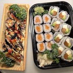 Star Cuisine - Takeout- (left) Sushi sandwich roll and (right) salmon maki and salmon cream cheese roll