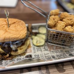 Burger Shed - Mushroom and Swiss Burger with tots.