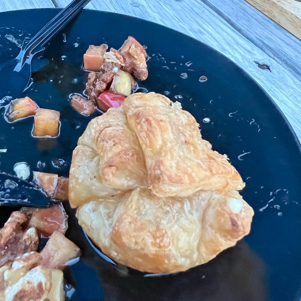 Blue Barn Cidery - Brie in puff pastry with apples sautéed in bourbon - Cideries Near Me - Hilton, New York Blue Barn Cidery - Brie in puff pastry with apples sautéed in bourbon - Cideries Near Me - Hilton, New York