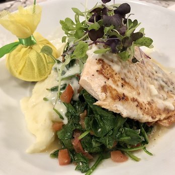 Bistro Fiera - Salmon with mashed potatoes instead of rice. The fish was just ok, don't think it was the best quality, the rest was good. - Breakfast & Brunch Near Me - Irving, Texas