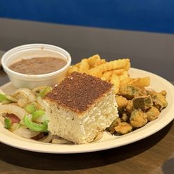 Bailey's Fish Camp - My wife's lunch plate: smoked sausage / onions and peppers, fried okra, pinto beans and cornbread, and fries.