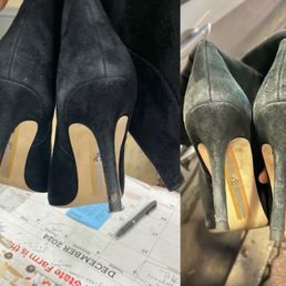 Before and after of heel repair and suede replacement (lighting was different because indoor vs outdoor with flash). Very happy! Before and after of heel repair and suede replacement (lighting was different because indoor vs outdoor with flash). Very happy!