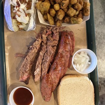 Hard Eight BBQ - Brisket and jalapeño sausage with a baked potato and okra - Barbeque Near Me - Coppell, Texas
