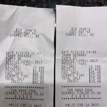 Clean Wheels Autowash - Receipt from gas station and car wash - Car Wash Near Me - Chapel Hill, North Carolina