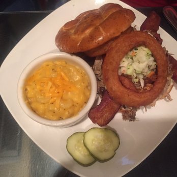 HogsHead Cafe - The Hog burger topped with BBQ, bacon, onion ring and coleslaw with a side of mac and cheese. - Barbeque Near Me - Richmond, Virginia HogsHead Cafe - The Hog burger topped with BBQ, bacon, onion ring and coleslaw with a side of mac and cheese. - Barbeque Near Me - Richmond, Virginia