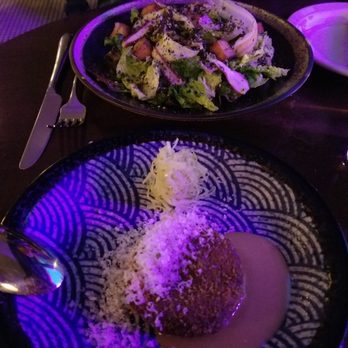 Kissa Tanto - Pork croquette and gem salad with purple neon sign glow - Japanese Near Me - Vancouver, British Columbia