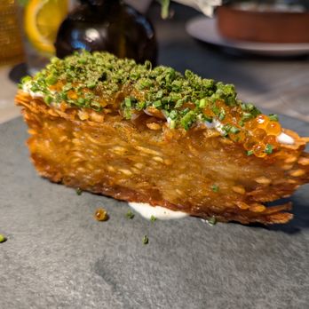 Avize Modern Alpine - Pommes Rosti. $18. Smoked trout roe, elderflower cream, chive. - Desserts Near Me - Atlanta, Georgia