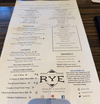 Menu photo 1 Rye Bar and Southern Kitchen Raleigh, NC Menu photo 1 Rye Bar and Southern Kitchen Raleigh, NC