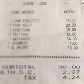 Bar Acuda - Bill for our expensive and mediocre dinner. - Tapas Bars Near Me - Hanalei, Hawaii