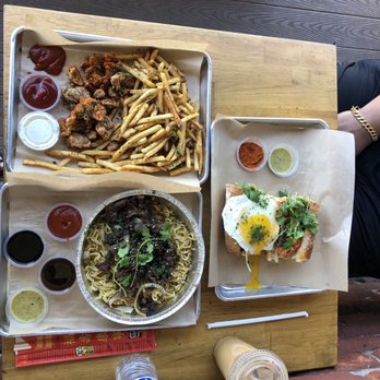 Nguyen's Kitchen - Garlic Noodles w/steak. + Spicy Popcorn Chicken + Spicy Cajon Fries Bulgogi Sandwich - Vietnamese Near Me - Orange, California
