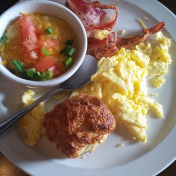 B Matthews Eatery - Basic breakfast. Eggs, grits, bacon, biscuit. - New American Near Me - Savannah, Georgia