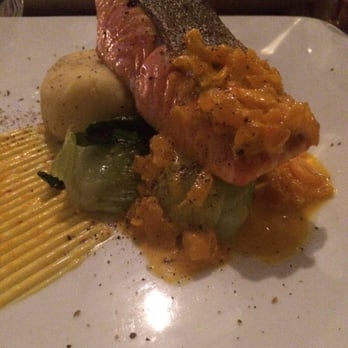 The Little Bistro - Akaroa salmon with bok choy and caper mashed potato. - Bistros Near Me - Akaroa, CAN