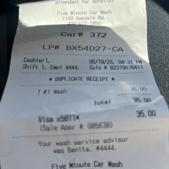 Five Minute Car Wash - Receipt - Car Wash Near Me - Modesto, California