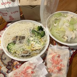 Happy Wok II - Vegetable mei fun, chicken chow mein, rice, chicken and rice soup, chow mein noodles, fortune cookies
