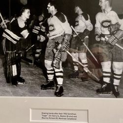 Montreal Canadiens Hockey Club - Shaking hands after their 1952 Semifinal: "Sugar" Jim Henry (L Bruins) and Maurice Richard (R Canadians) Posted 05/27/25