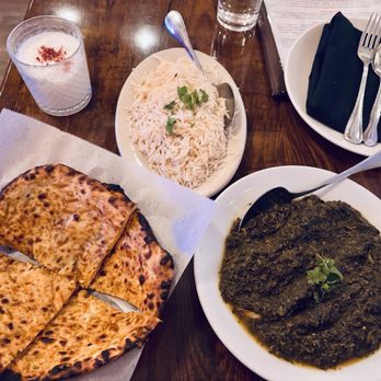 Maruti Indian Restaurant - Vegan Palak (Spinach) with potatoes + Spicy Vegan Cheese Naan - Vegetarian Near Me - Portland, Oregon