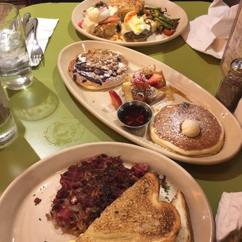 Snooze, an A.M. Eatery - Bottom to top: corned beef hash, pancake flight with French toast, Benny duo - Breakfast & Brunch Near Me - Orange, California Snooze, an A.M. Eatery - Bottom to top: corned beef hash, pancake flight with French toast, Benny duo - Breakfast & Brunch Near Me - Orange, California
