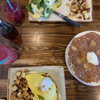 First Watch - Egg Benedict dish. Chorizo omelette dish. Banana and almond pancake. - Breakfast & Brunch Near Me - Tucson, Arizona