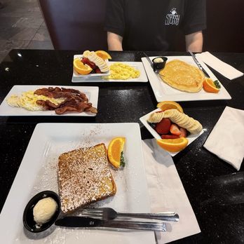 Keke's Breakfast Cafe - French Toast , eggs, bacon, fruit cups(yes those are the CUP sizes), pancake - Breakfast & Brunch Near Me - Boca Raton, Florida