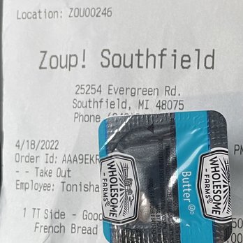 Zoup! Eatery - 53 cents for one extra butter packet - Sandwiches Near Me - Southfield, Michigan