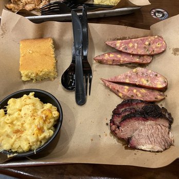 Mission BBQ - Two meat platter: jalapeño cheddar sausage, moist brisket; Maggie's mac & cheese, corn bread - Barbeque Near Me - Lakeland, Florida