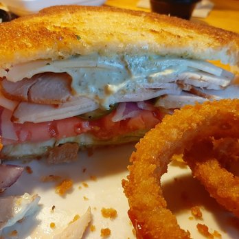 Applebee's Grill + Bar - Turkey sandwich, herb mayo, upgrade to onion rings. Bread was toasted and but the Turkey was cold and so was the cheese, but still tasty. B+ - American Near Me - Osage Beach, Missouri