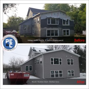 Performance Exteriors & Contracting - PE&C siding, soffit, fascia and gutters replacement project. Vinyl Siding: Ply Gem Mastic Ovation - Harbor Grey - Roofing Near Me - Stoughton, Wisconsin Performance Exteriors & Contracting - PE&C siding, soffit, fascia and gutters replacement project. Vinyl Siding: Ply Gem Mastic Ovation - Harbor Grey - Roofing Near Me - Stoughton, Wisconsin
