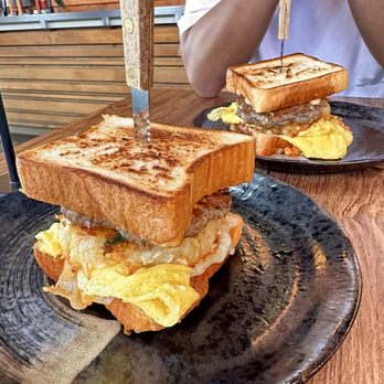 MAKE Cafe - MAKE Breakfast Sandwich with added beef kofta sausage patty (worth it) - Breakfast & Brunch Near Me - San Diego, California