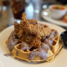Chicken + waffle from the brunch menu Chicken + waffle from the brunch menu