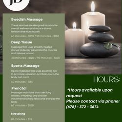 Jess D’Stress Massage - A flyer advertising my rates and the modalities that I offer