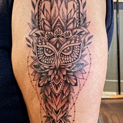 Fine Ink Studios - Hand of hamsa-owl tatto