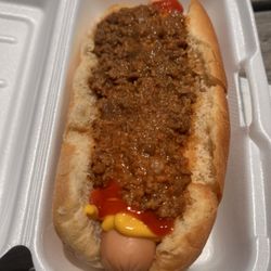 Sligh’s Superette - Hot Dog with ketchup, mustard, and chili