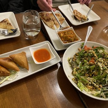 My Burma - Tea Leaf Salad, samosa and thousand layer bread with veggie curry. - Burmese Near Me - Davis, California My Burma - Tea Leaf Salad, samosa and thousand layer bread with veggie curry. - Burmese Near Me - Davis, California