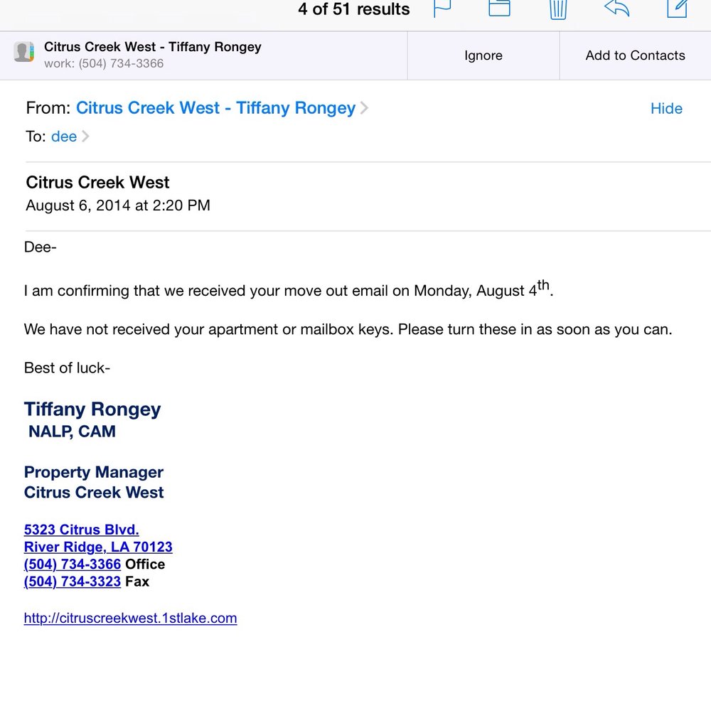 Confirmation that they received said email. They rented it out. Paid reletting fees, still eviction on my record not very honest people. Confirmation that they received said email. They rented it out. Paid reletting fees, still eviction on my record not very honest people.
