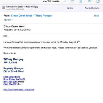 Citrus Creek West - Confirmation that they received said email. They rented it out. Paid reletting fees, still eviction on my record not very honest people. - Apartments Near Me - River Ridge, Louisiana