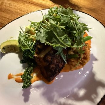 Pecan Craft Kitchen - Pecan fired snapper with sweet potato mash, citrus arugula and coco-datil pepper woosh - Southern Near Me - St Johns, Florida