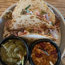 Brisket Tacos (3) with baked beans and green beans Brisket Tacos (3) with baked beans and green beans