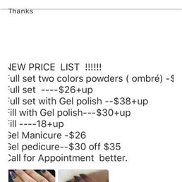 Note a "full set" is $26 and up on their website. I was charged $27 and I tipped $5 for a nail buff. Shady business practice. Note a "full set" is $26 and up on their website. I was charged $27 and I tipped $5 for a nail buff. Shady business practice.