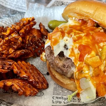 Stooges - Stinger stuffed hamburger with waffle sweet potato fries covered in honey and brown sugar - American Near Me - Lockport, New York