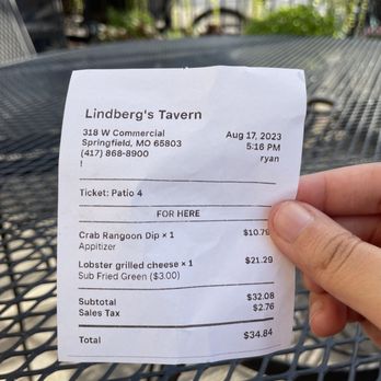 Lindberg's Tavern - $19 for lobster grilled cheese, $3 for green fried tomato substitution, $11 for crab ragoon - Bars Near Me - Springfield, Missouri