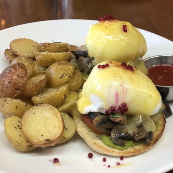 B House - mushroom eggs benedict, truffled potatoes, ketchup - Asian Fusion Near Me - Vancouver, British Columbia