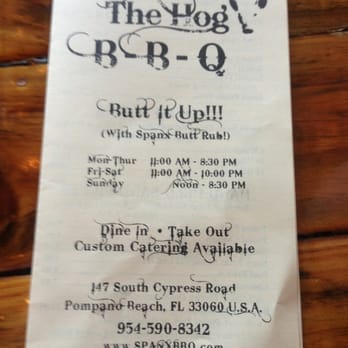 Spanx The Hog BBQ & Saloon - Front of menu. - Barbeque Near Me - Pompano Beach, Florida Spanx The Hog BBQ & Saloon - Front of menu. - Barbeque Near Me - Pompano Beach, Florida