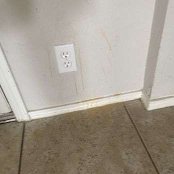 Cinderella's Cleaning Services - Floor near entry, not cleaned. Baseboards not cleaned. - The image depicts a section of an interior wall with an electrical outlet. The wall has visible stains and marks, especially near the baseboard. The baseboard itself appears dirty and discolored. The flooring consists of large, brownish tiles with grout lines, and there are visible dirt and stains on the tiles and grout. The overall scene suggests a need for cleaning and maintenance. - Home Cleaning Near Me - Georgetown, Texas