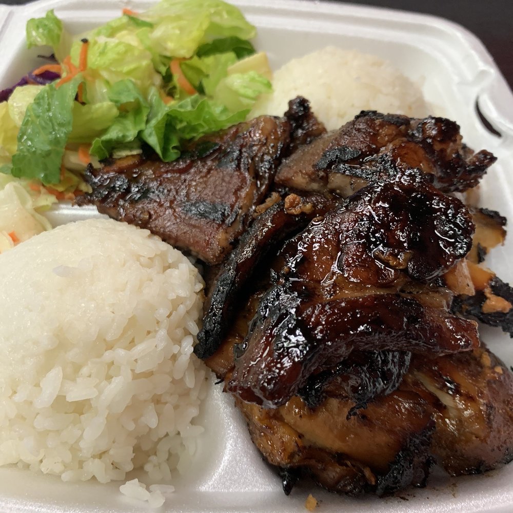 Matiki Island BBQ - #6 Chicken and Kalbi (short ribs) Plate - Polynesian Near Me - Huntington Beach, California Matiki Island BBQ - #6 Chicken and Kalbi (short ribs) Plate - Polynesian Near Me - Huntington Beach, California