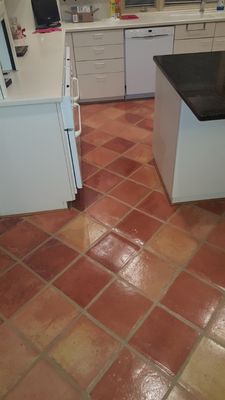 Saltillo Floor before and after Efflorescence Removed and Polished - Another Saltillo floor in dire need of attention! We removed the efflorescence (ensuring it would not return), cleaned and polished the tile to a beautiful shine! Look at the grout lines!