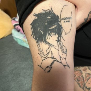 Purple Ink Tattoo Studio - Ryuzaki 'L' Death Note tattoo - Tattoo Near Me - Corpus Christi, Texas Purple Ink Tattoo Studio - Ryuzaki 'L' Death Note tattoo - Tattoo Near Me - Corpus Christi, Texas