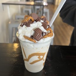  a milkshake with chocolate and caramel